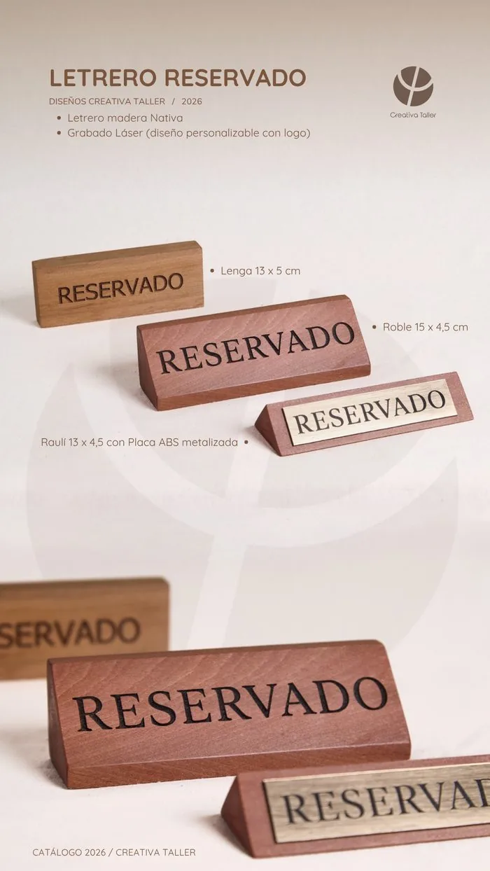 Letreros de mesa reservado en lenga, roble y raulí grabados con láser