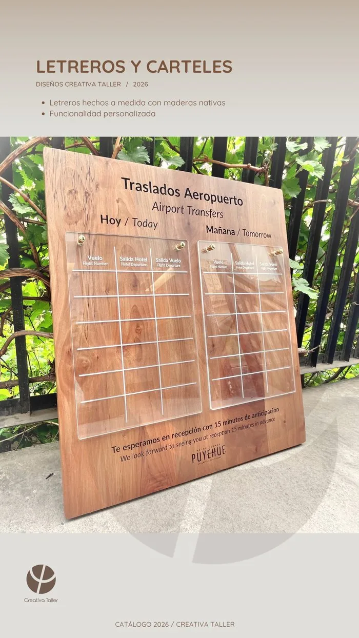 Letrero de madera nativa de traslados al aeropuerto fabricado para Hotel Puyehue