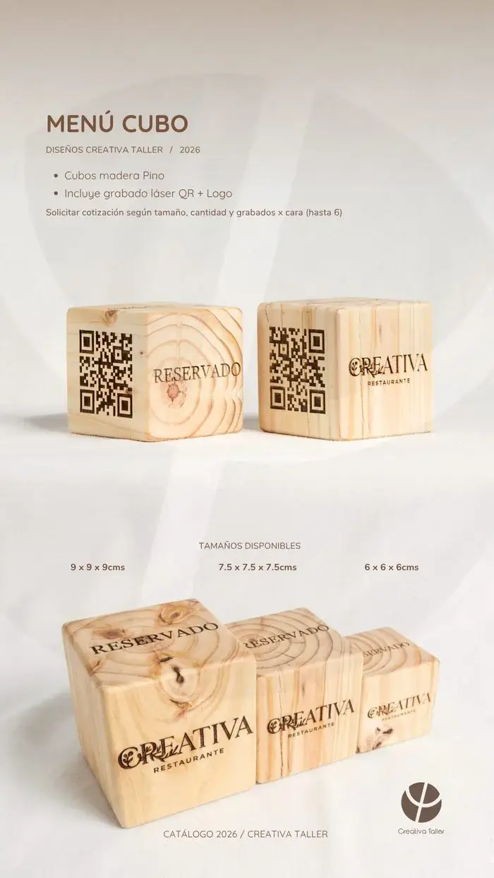 Menú cubo de madera de pino grabado con código QR y logo para restaurante