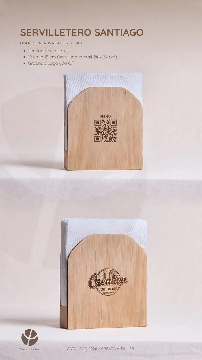 Servilletero de madera modelo Santiago grabado con logo y código QR